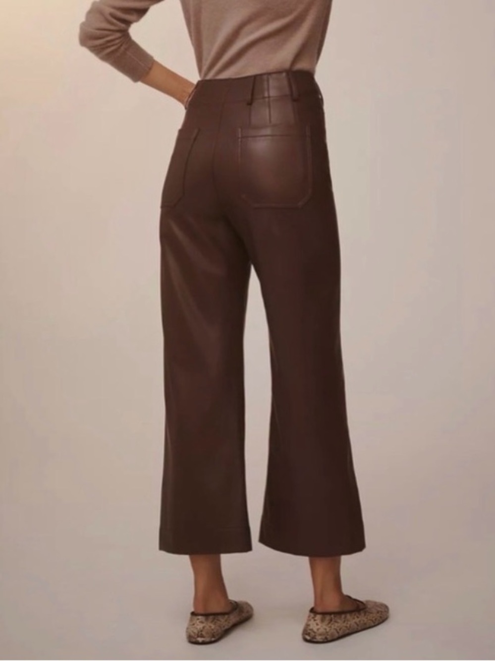 Maeve Anthropologie brown faux leather wide leg cropped pants, size 29T - Picture 2 of 9